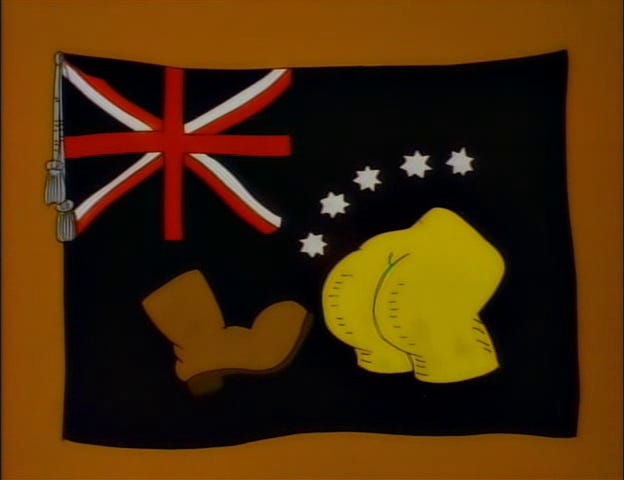 The Simpson's version of the Australian national flag, featuring the Union Jack, a boot, and a bare arse. 