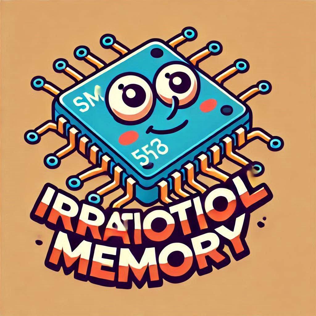 A logo that says "Irrational Memory" in comic sans with semiconductor theme