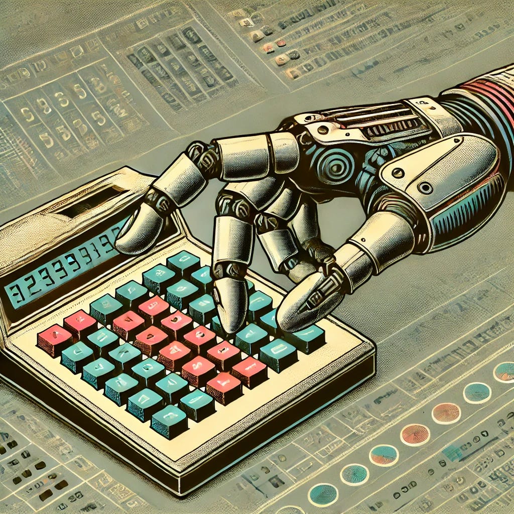 A 1970s sci-fi style illustration of a robot hand using a calculator with a muted color palette. The robot hand should have a retro-futuristic design with a mechanical, chunky appearance, and it should be colored in more subdued tones, like silver, grey, or dark blue. The calculator, in contrast, should have distinct colors such as faded orange or green, with large buttons and an old-fashioned digital display. The background should retain the retro futuristic elements like old-fashioned computers or control panels, but with more muted tones, creating a clear contrast between the robot hand and the calculator.