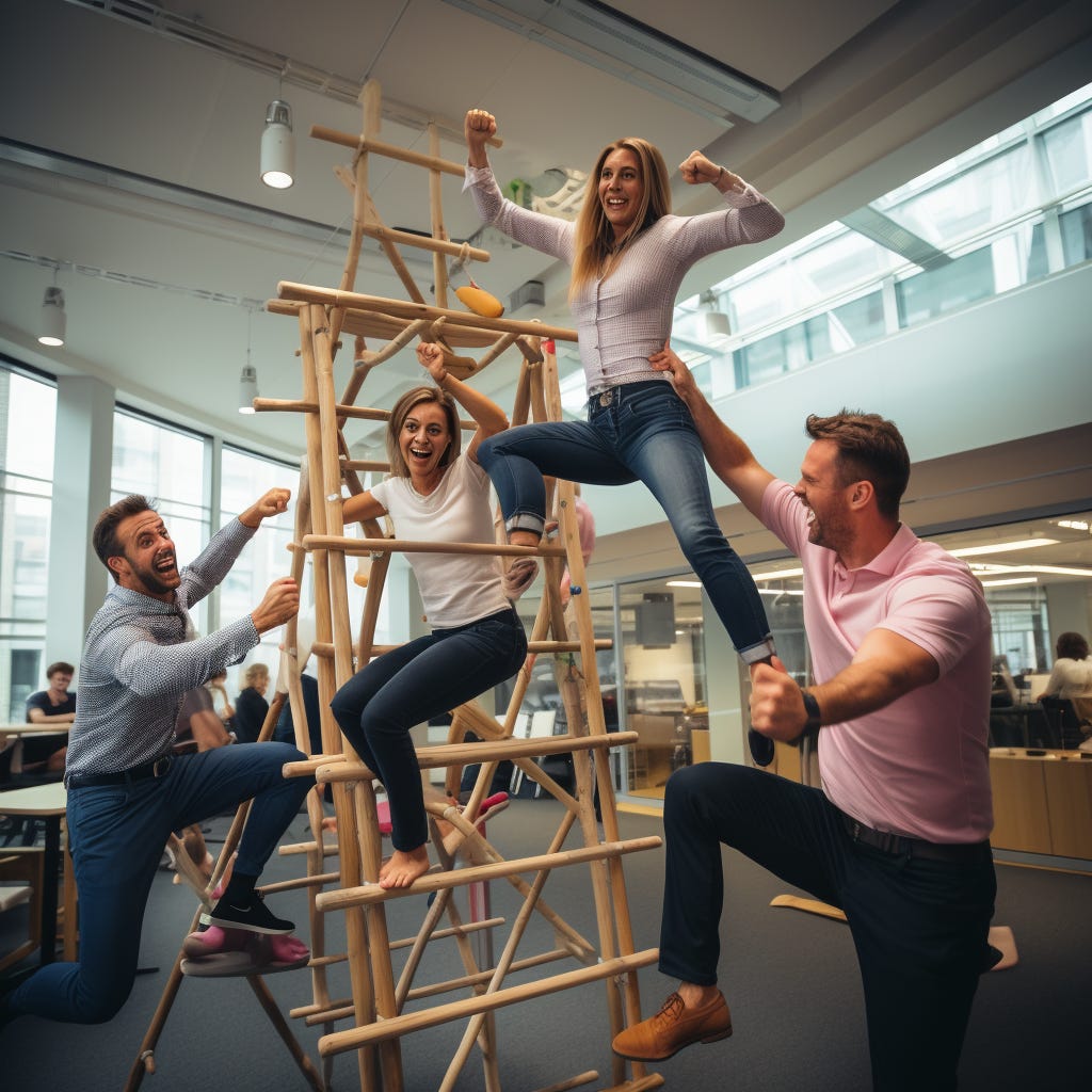 a photograph of a product manager and their team overcoming obstacles in a ninja warrior type setting located in an office space.