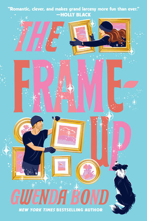 Book cover, blue illustrated "The Frame Up" with people stealing paintings and a black and white dog
