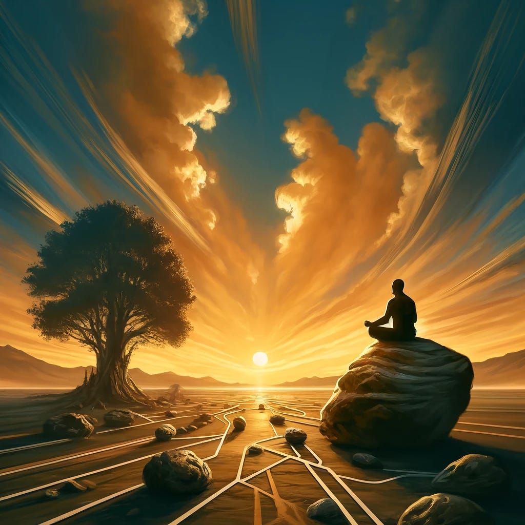 A serene landscape at sunset in the background, symbolizing calm and Stoic contemplation in the face of adversity. In the foreground, a stylized figure of an individual sitting in meditation on a large rock, looking towards the horizon. The figure is surrounded by five paths branching out from where they are seated, representing the "5 exercises to anticipate adversity." Each path has small visible obstacles (such as rocks or branches), symbolizing anticipated problems. In the slightly cloudy sky, the silhouette of a sturdy tree is glimpsed, its roots extending to the ground near the rock, symbolizing the strength and connection with nature promoted by Stoicism. The sunset light bathes the scene in golden and orange tones, providing a sense of peace and hope. Key elements: - Figure in meditation: Inner anticipation and preparation. - Five paths with obstacles: Practical exercises to anticipate adversity. - Sturdy tree: Strength and Stoic wisdom. - Serene sunset: Peace and reflection in the face of the inevitable.