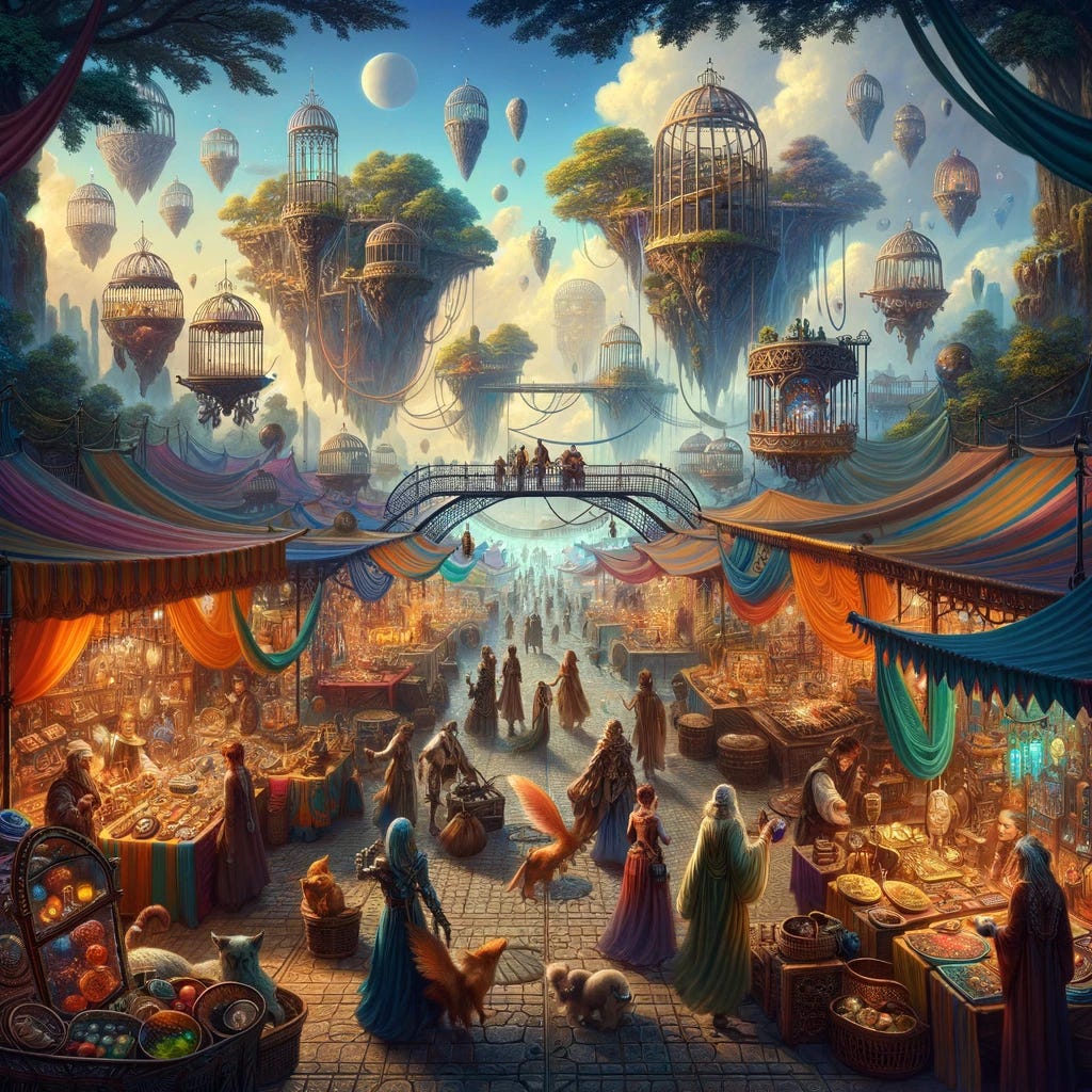 An imaginative depiction of a bustling market scene from a fantasy world, with vendors selling magical artifacts, exotic creatures in cages, and shoppers wearing a variety of elaborate costumes. The marketplace is set in a vibrant, open-air setting with floating islands in the background, connected by intricate bridges. Stalls are adorned with colorful fabrics and glowing lanterns, creating an atmosphere of wonder and excitement. A variety of races from fantasy lore, including elves, dwarves, and humans, interact and haggle over prices, showcasing the diversity and richness of this fantastical economy.
