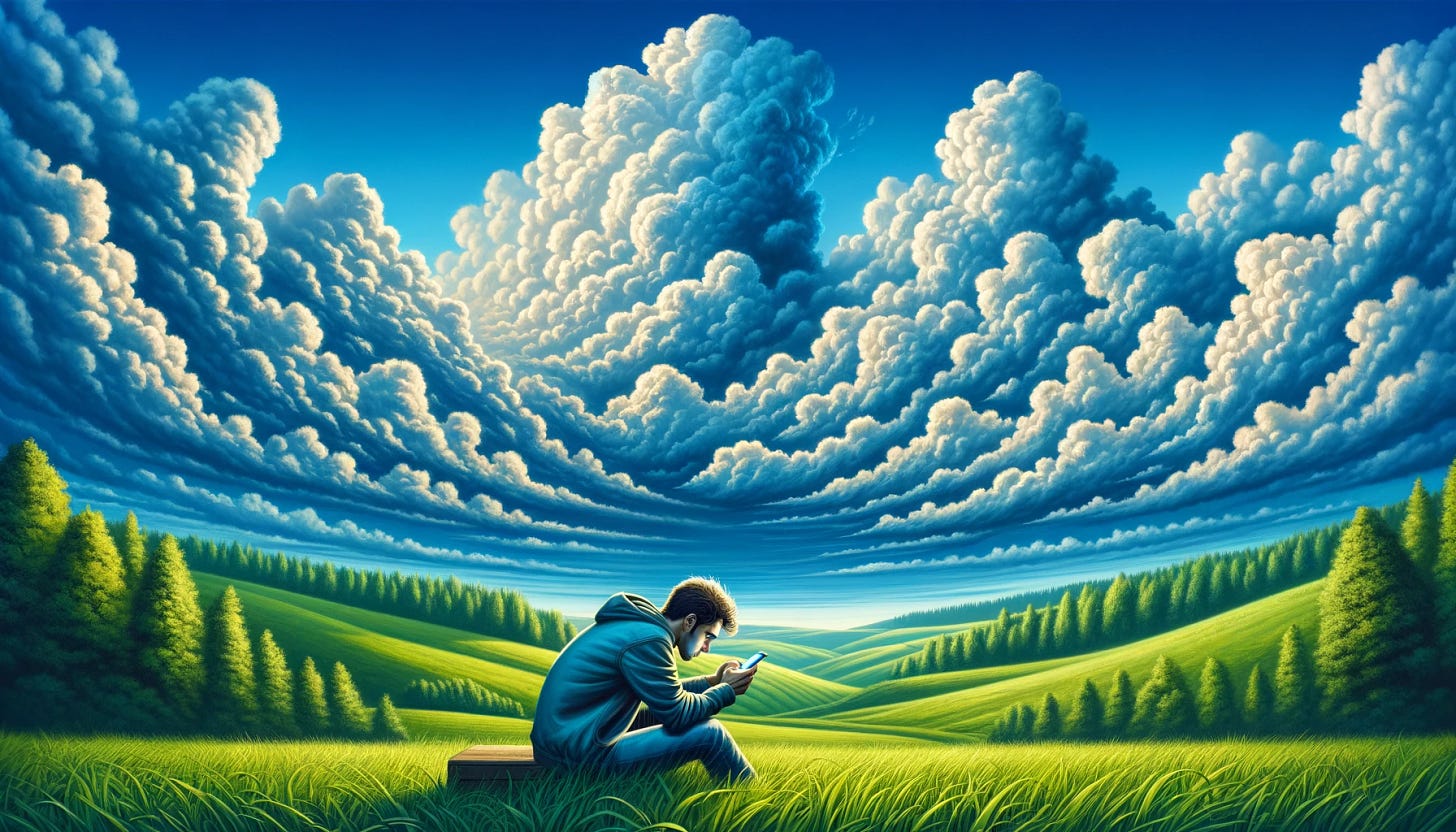 Illustrate a person in nature, deeply absorbed in their phone, oblivious to the serene and expansive atmosphere around them. The scene is rich with fluffy white clouds filling the vivid blue sky above a lush green field, embodying a peaceful and expansive backdrop. Despite the natural grandeur, the figure remains fixated on their phone, symbolizing the contrast between the beauty of the natural world and modern technology's hold on individual attention. The landscape, previously enhanced with more dynamic and textured clouds, sets a striking contrast to the person's disconnection from their surroundings.