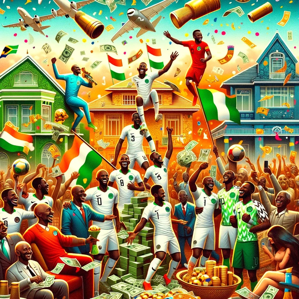 An imaginative and vibrant illustration capturing the celebratory atmosphere following the thrilling finale of the Africa Cup of Nations. The scene should depict football heroes from Ivory Coast, Nigeria, and South Africa being showered with rewards such as cash, villas, and national honors. Include symbolic representations of each country, like flags or iconic landmarks, in the composition. The illustration should be filled with joy, color, and energy, reflecting the pride and happiness of the nations involved. The style should evoke a sense of movement and celebration, with elements that suggest a festive and triumphant mood.