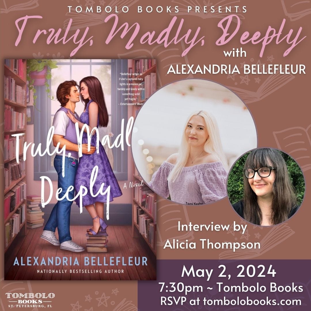 Graphic for event at Tombolo where I get to be the conversation partner for Alexandria Bellefleur at Tombolo Books in St. Pete on May 2 at 7:30pm