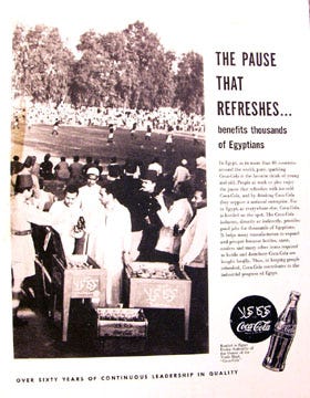 \"The Pause that Refreshes...benefits thousands of Egyptians,\" Coca-Cola print ad, Egypt, 1951