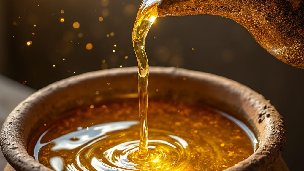 The image shows a stream of golden oil being poured from a weathered clay vessel into a simple earthen jar. The oil glows with a warm radiance, reflecting light as it swirls smoothly. Floating droplets give a sense of blessing and abundance, visually representing an anointing. This image represents Psalm 45:7 KJV.