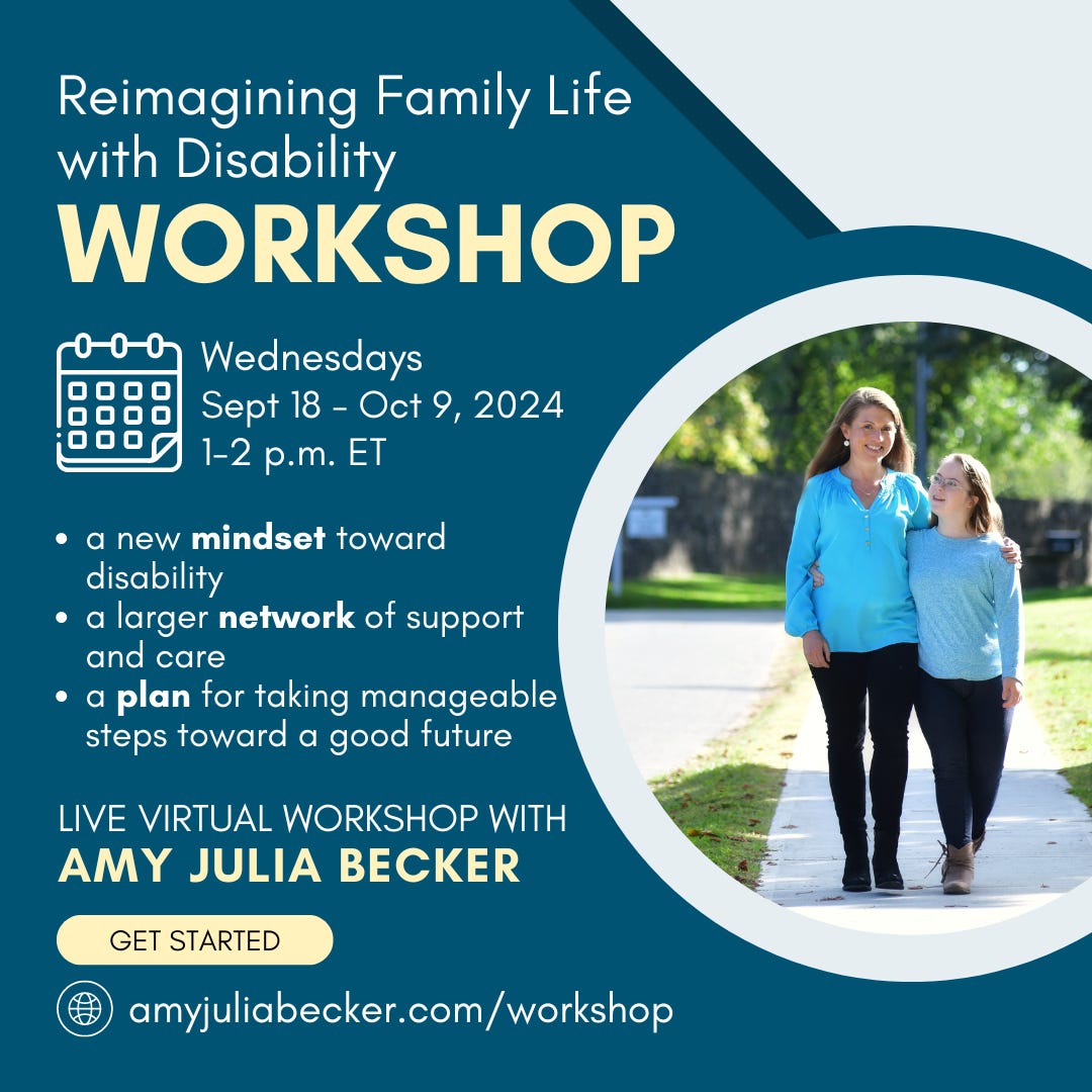 blue graphic with a photo of Amy Julia and Penny walking together and text with a description of the Reimagining family life with disability workshop from the caption