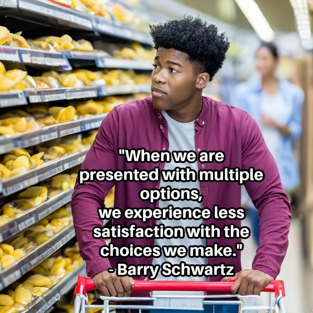 Pushing grocery card, African-American man looks puzzled over so many choices in grocery store. So many options yields less satisfaction in final choice.