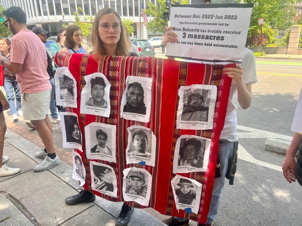 Protests at the Peruvian Embassy on Dina Boluarte massacres. 