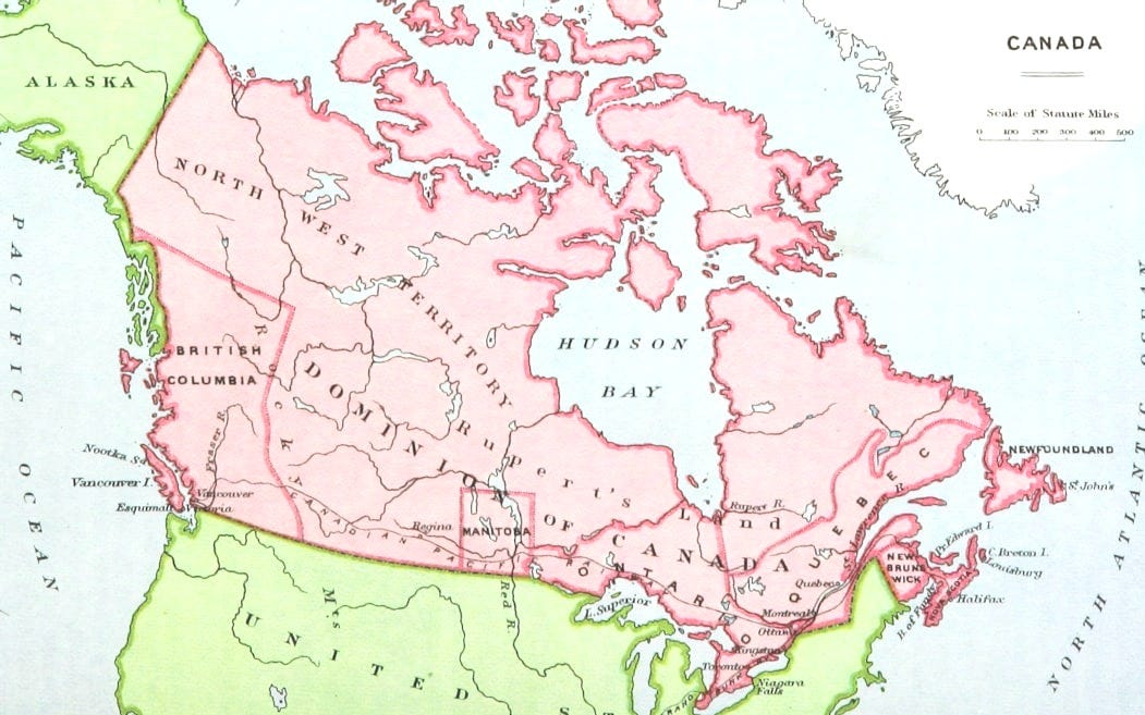 pink and green map of Canada
