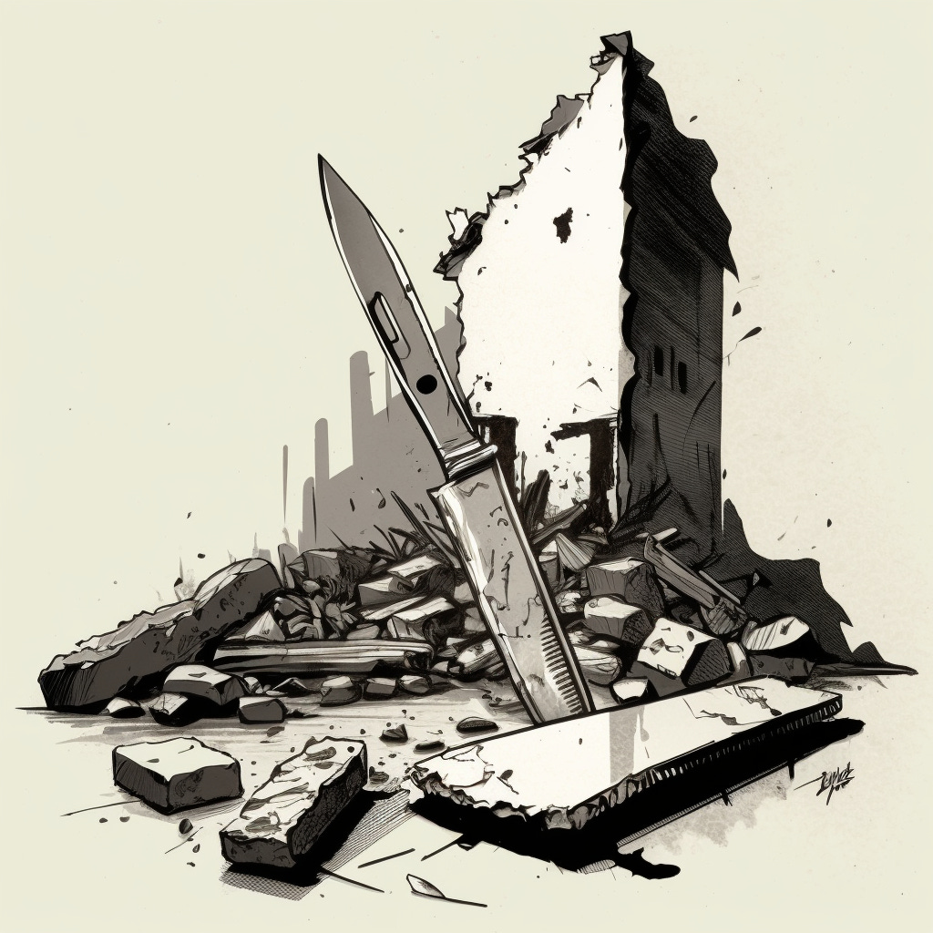A knife sticking out of the rubble and detritus of a collapsed building.