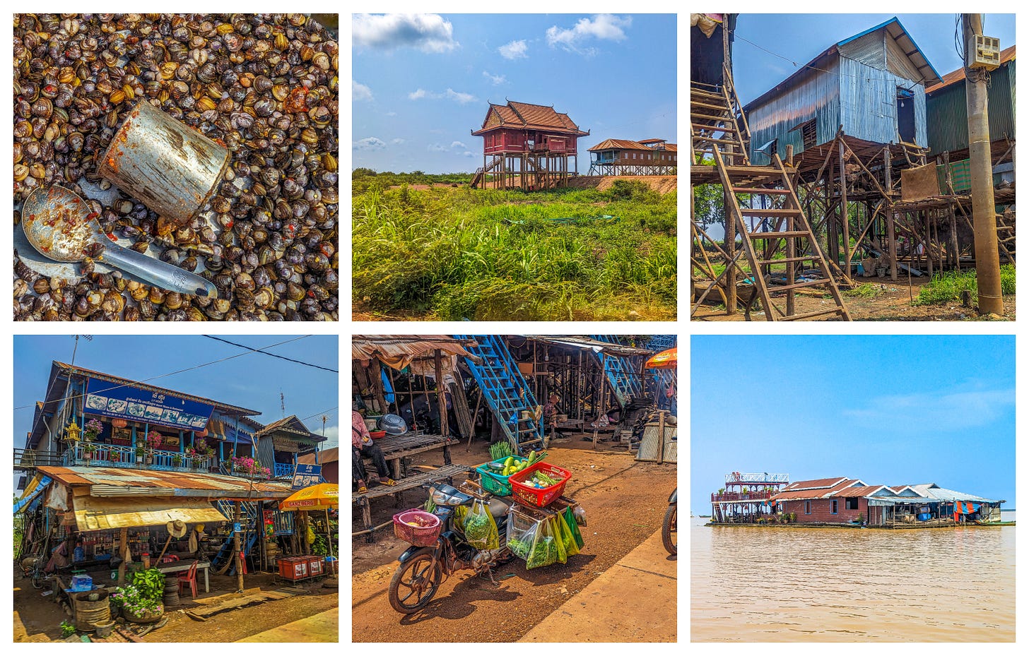 Six photos showing a house on a stilt in the middle of a field, a store under a house that will be underwater in a few months, a bicycle laden with produce parked on the road, a closeup of roasted mussels, and a floating restaurant. 