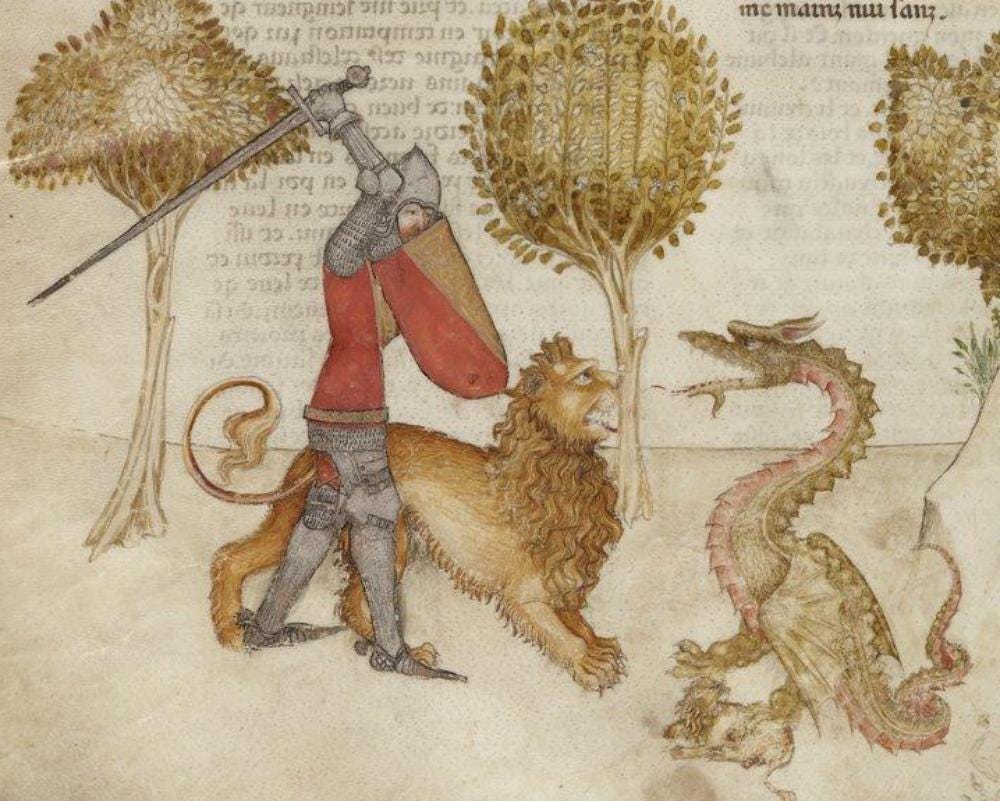 An illuminated manuscript illustrating Yvain rescuing a lion from a serpent, between 1380 and 1385. (Public Domain) An illuminated manuscript illustrating Yvain rescuing a lion from a serpent, between 1380 and 1385. (Public Domain)