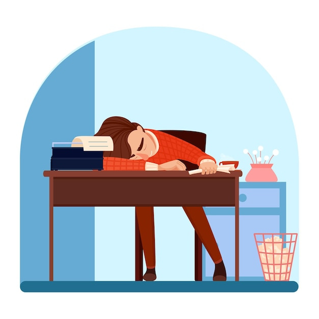 Free Vector | Exhausted writer character sleeping at workplace tired author  falling asleep near typewriter putting head on table man novelist and  drowsiness fatigue processing