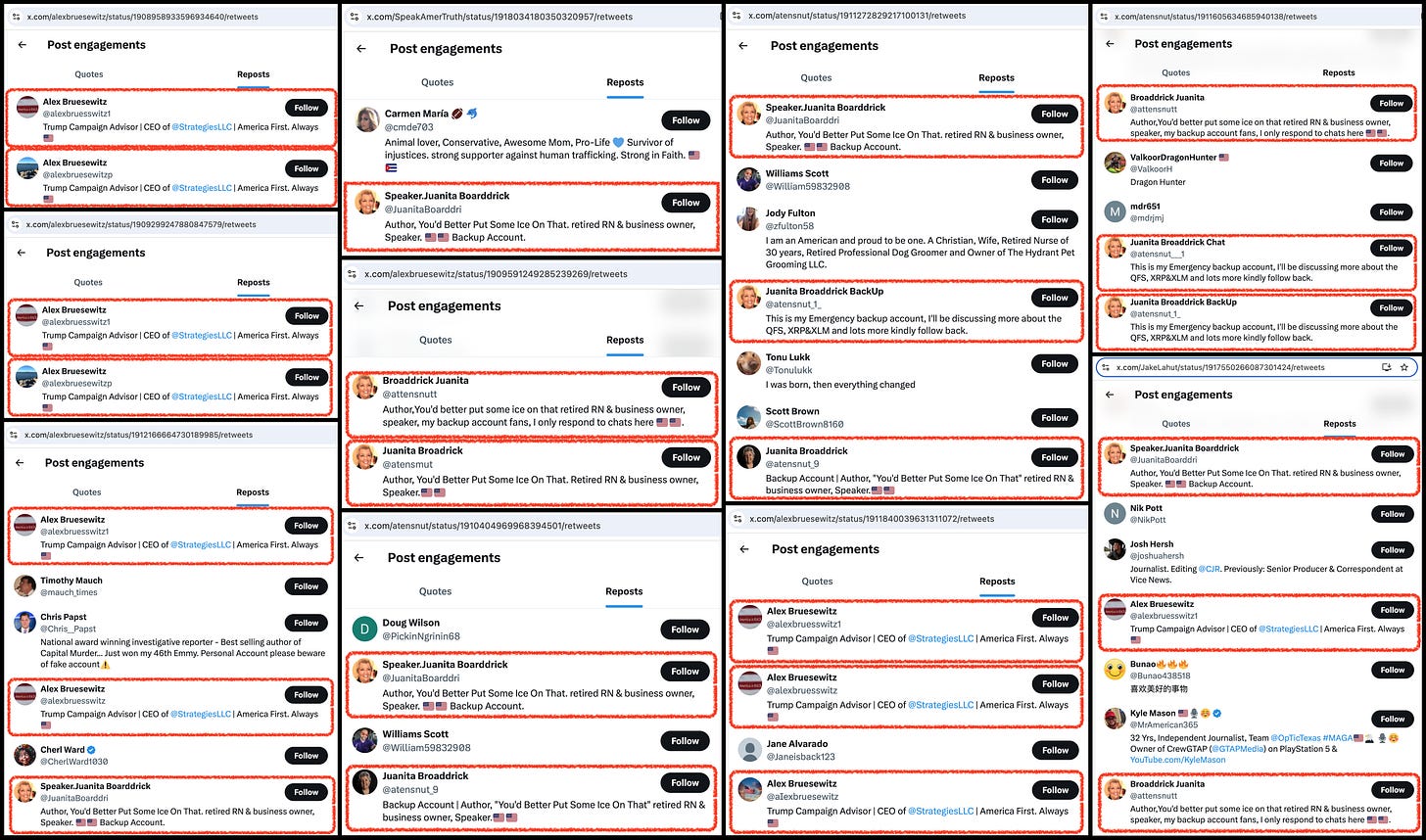screenshots of reposts for several X posts, showing numerous reposts from fake Alex Bruesewitz and Juanita Broaddrick accounts screenshots of reposts for several X posts, showing numerous reposts from fake Alex Bruesewitz and Juanita Broaddrick accounts