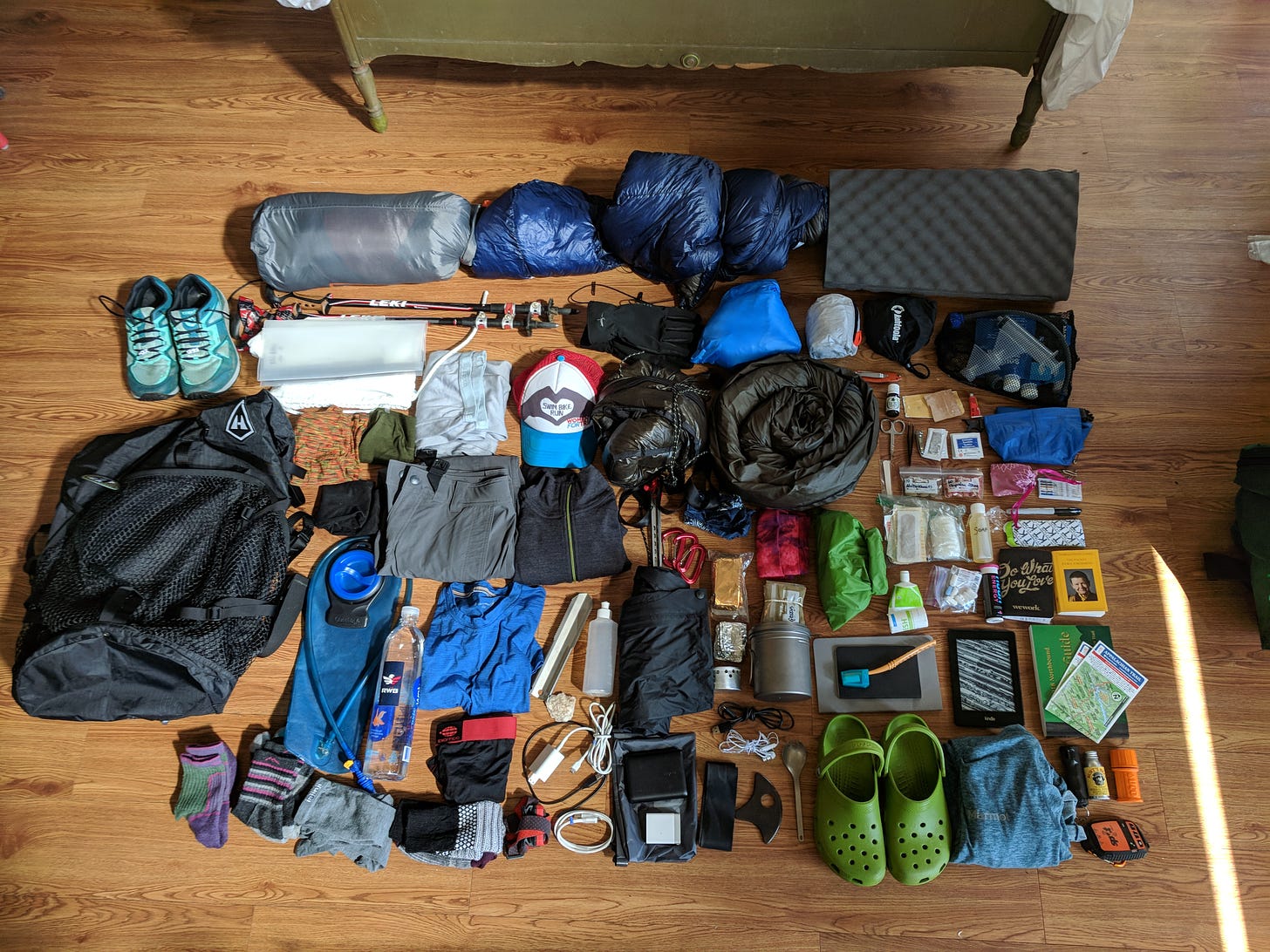 A photo of Sassafras' entire thru-hiking gear laid out on the floor the day before she left.