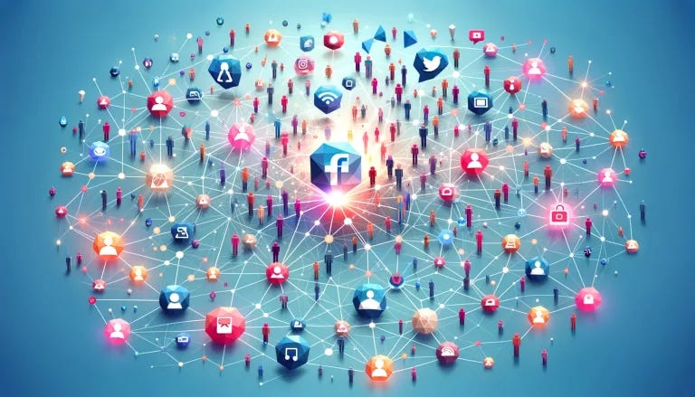 Low poly art depiction of social media's global network, with icons for Facebook, Twitter, Instagram, and YouTube, emphasizing connectivity on a light blue background.