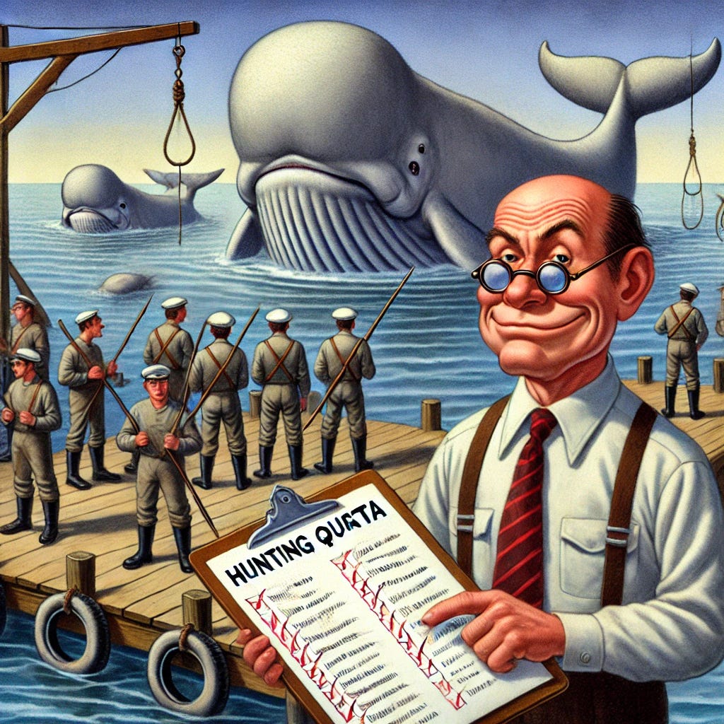 A humorous caricature of a 'Tool,' a strict rule enforcer, holding a clipboard and standing beside a dock where sailors are loading harpoons for hunting Steller's sea cows. The 'Tool' is wearing glasses, a buttoned-up shirt, and pointing at a checklist labeled 'Hunting Quota.' The sailors look frustrated, while the tool has a smug, bureaucratic expression, completely oblivious to the impact on the Steller’s sea cows. In the background, large sea cows swim peacefully, unaware of the impending threat. The scene is exaggerated, emphasizing the tool's obsession with following rules, while missing the bigger picture.