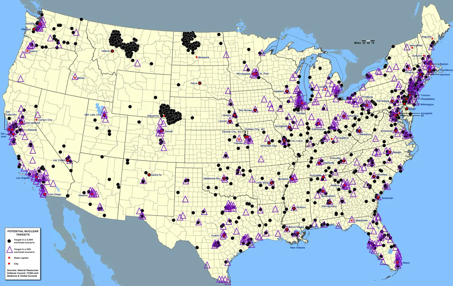 FEMA map of nuclear targets in a 500-warhead scenario and 2,000-warhead scenario