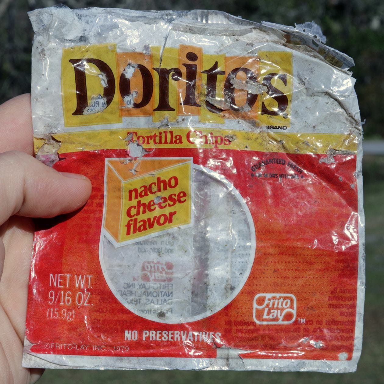 hand holding old Doritos Tortilla Chips bag