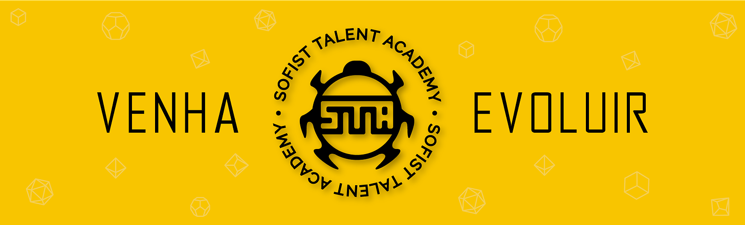 Sofist Talent Academy. Venha evoluir. Logo do "STA" no centro, com fundo amarelo.