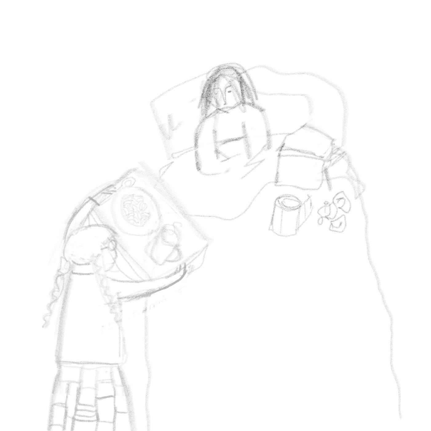 Rough pencil sketch of someone in bed ill with dirty tissues and a roll of toilet roll and an upside down book, with a mother, wearing a patchwork skirt and plaits and glasses, carrying a tray with macaroni cheese and hot sweet tea on. 