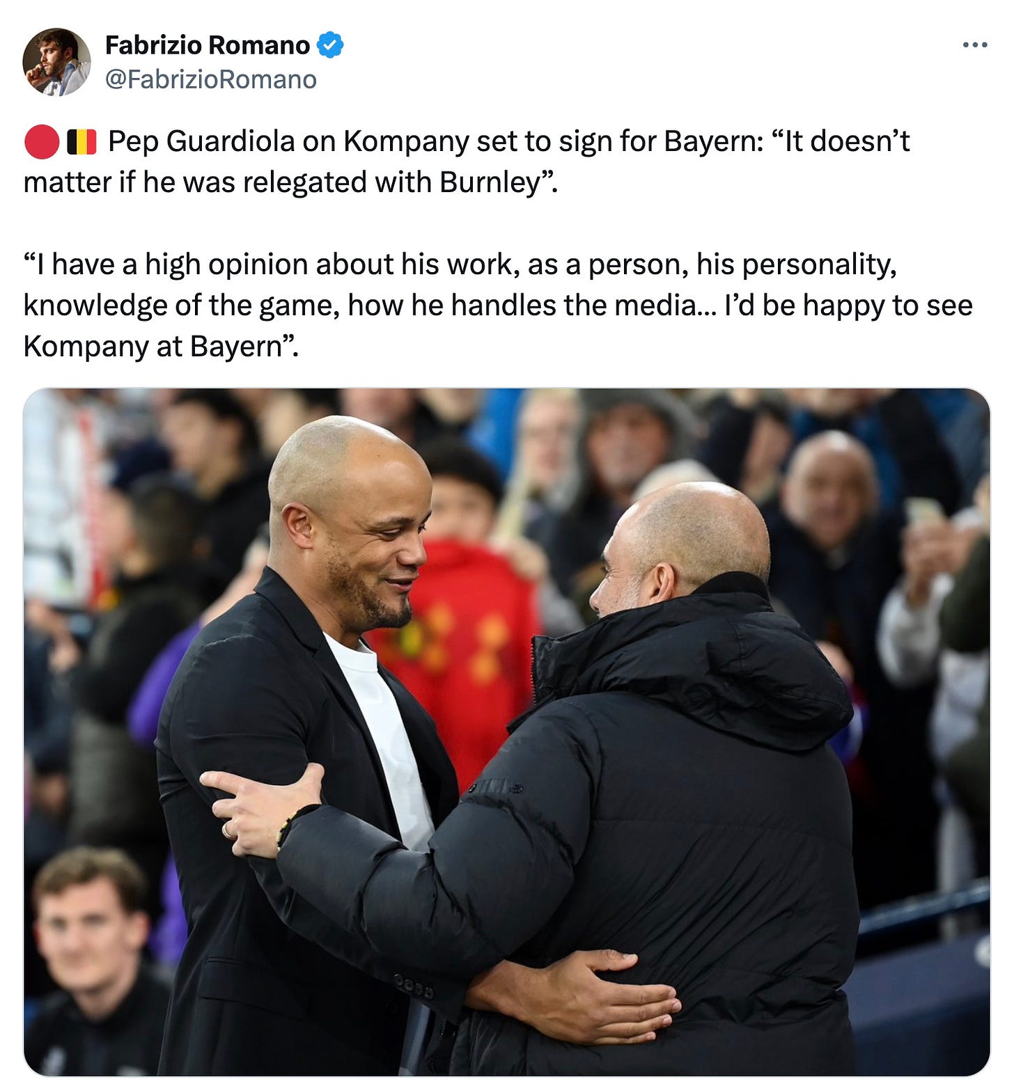 A tweet by Fabrizio Romano featuring quotes from Pep Guardiola about Vincent Kompany