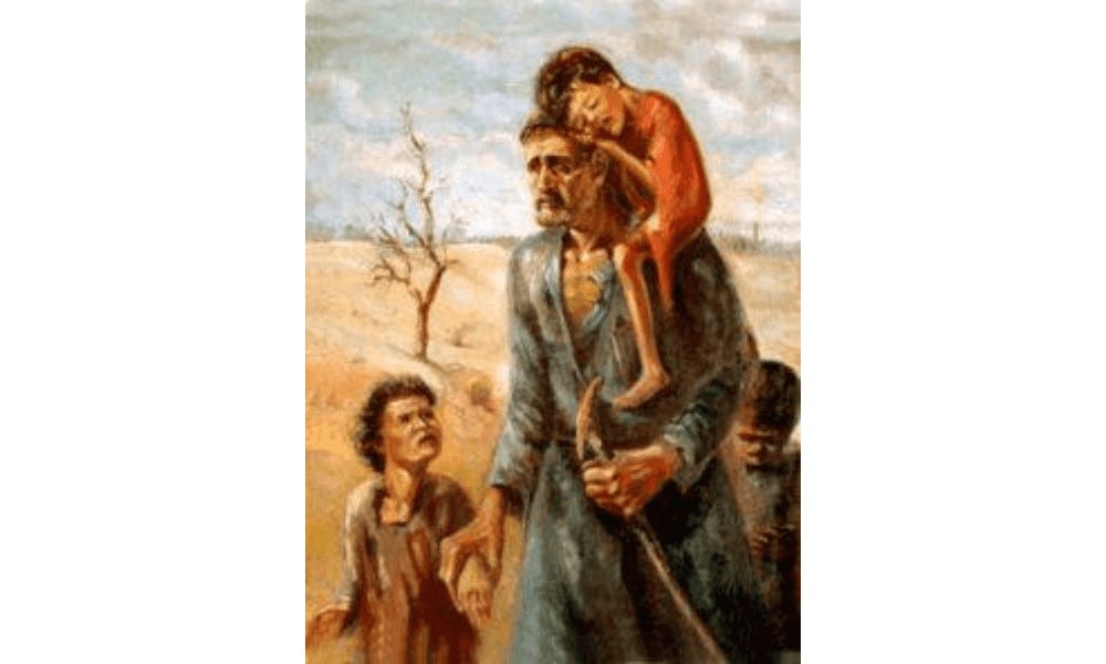 A painting of a person carrying a child on his shoulder