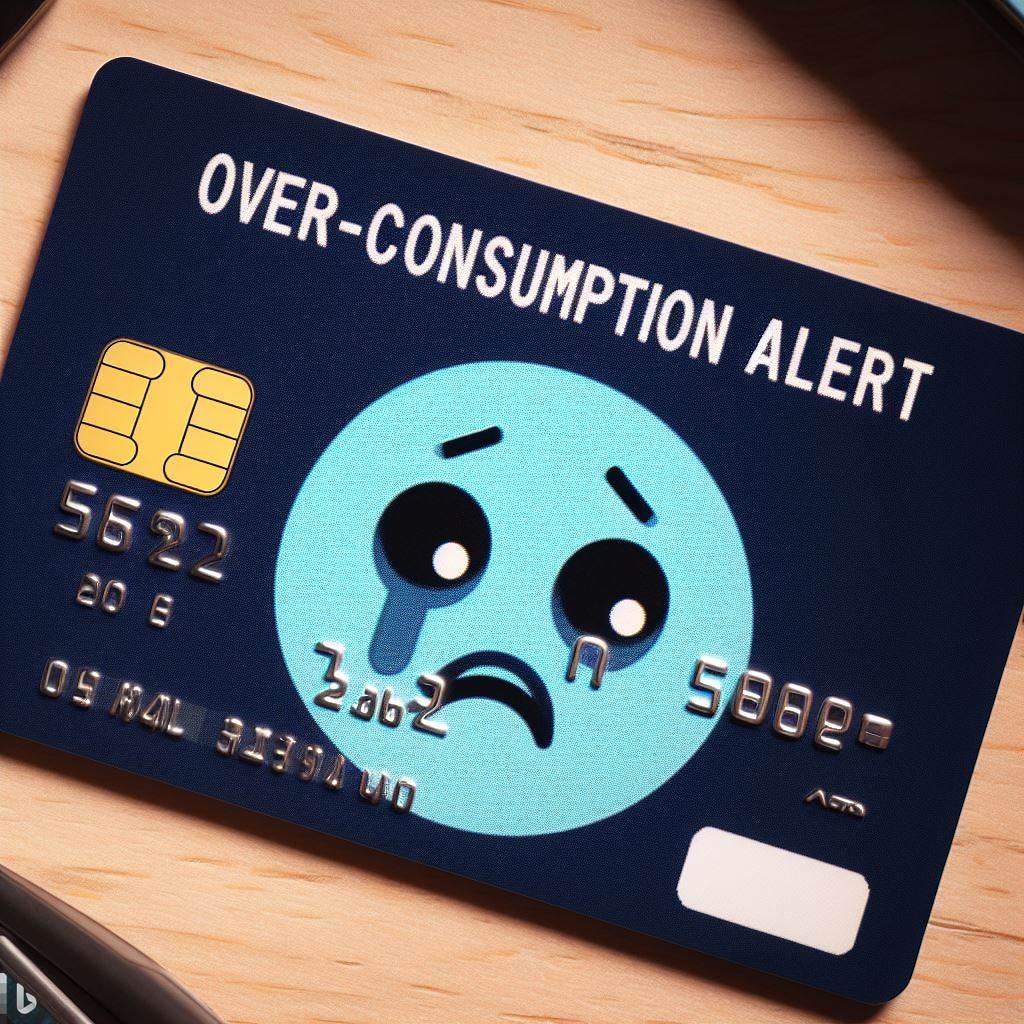credit card with a screen on front showing a sad face saying "Over-consumption alert"