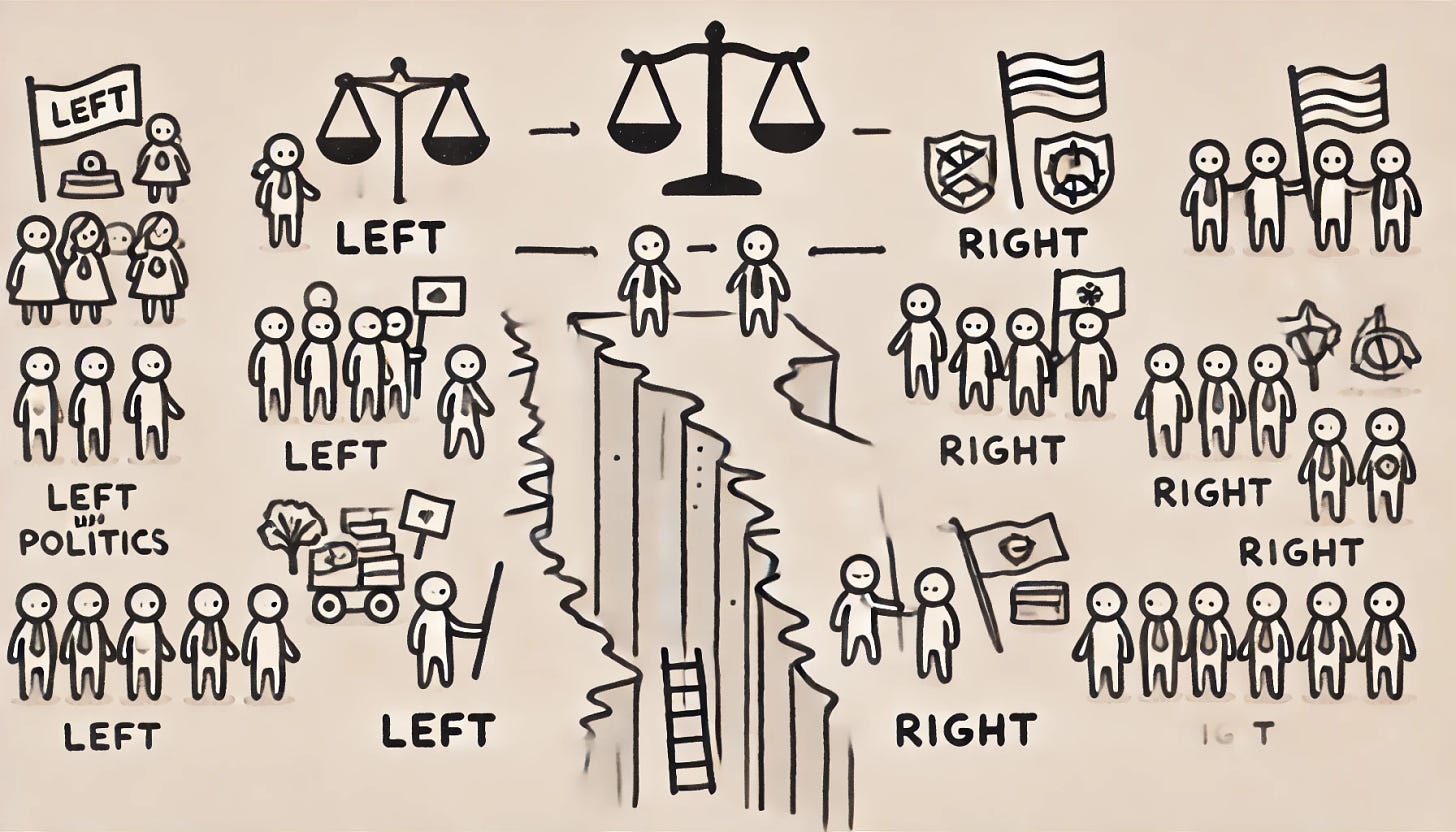 A simple stick figure cartoon illustration showing polarization between the left and right in politics. The left side has a few stick figures with symbols like a balance scale and a tree. The right side has a few stick figures with symbols like a shield and a ladder. There is a clear divide or chasm in the middle representing the polarization. The style should be minimalistic and clean, highlighting the ideological divide.