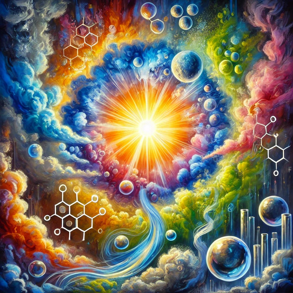 A vibrant oil painting titled 'Forbidden Health,' symbolizing healing and transformation. At the center, a radiant orb of light glows brightly, representing health and hope, surrounded by swirling, colorful mists in vivid shades of blue, green, yellow, orange, and pink, symbolizing vitality and detoxification. The orb radiates outward, breaking through a periphery of darker tones like gray and black, which represent disease and controversy. Abstract shapes in the background suggest interconnected cellular structures and the chemical elements of water purification, rendered in bold, dynamic brushstrokes. The scene is lively and luminous, with an uplifting energy and striking contrasts between light and dark.