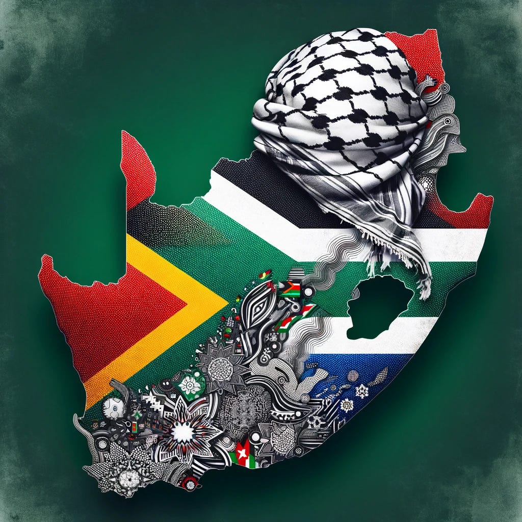 A creative representation of South Africa as a country, incorporating the design of a Palestinian keffiyeh. The image should depict a map of South Africa, artistically blended or overlaid with the distinctive black and white pattern of the keffiyeh. This combination should symbolize a fusion of cultures or solidarity. The rest of the image can include symbolic elements from both South African and Palestinian cultures, such as national colors or cultural motifs, presented in an abstract and harmonious manner to convey a message of unity and cultural blending.