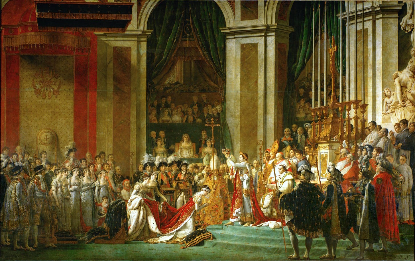 From the art database of Jacques-Louis David Joséphine kneels before Napoléon during his coronation at Notre Dame.