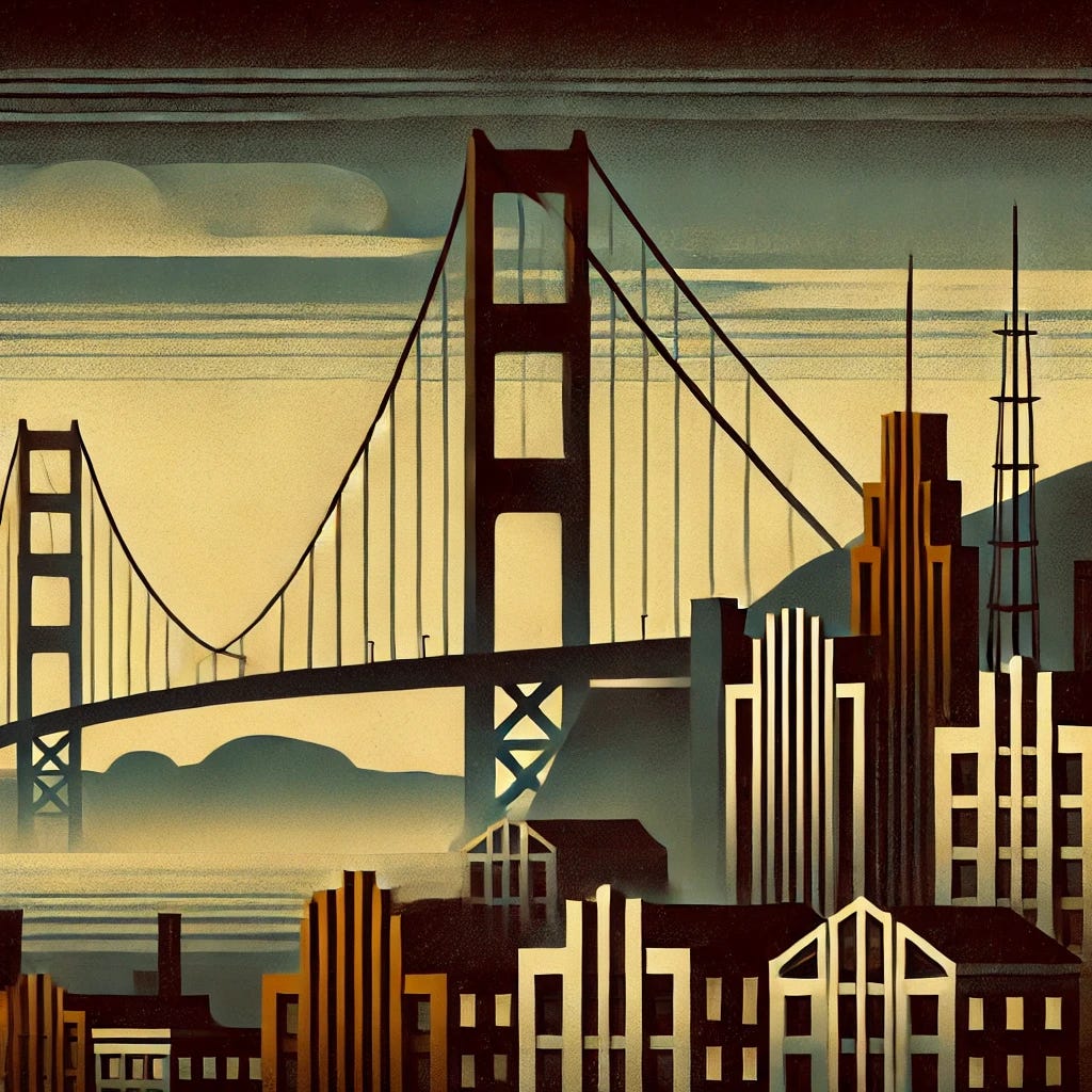 A stylized, sad image of San Francisco in Art Deco style. The Golden Gate Bridge is shown with dark, muted colors, reflecting a melancholic atmosphere. The cityscape is rendered in geometric shapes and bold lines typical of Art Deco, with an overcast sky and fog rolling in. Buildings appear somber with dim lights. The overall scene feels nostalgic and wistful, capturing the iconic elements of San Francisco in a subdued and elegant Art Deco aesthetic.