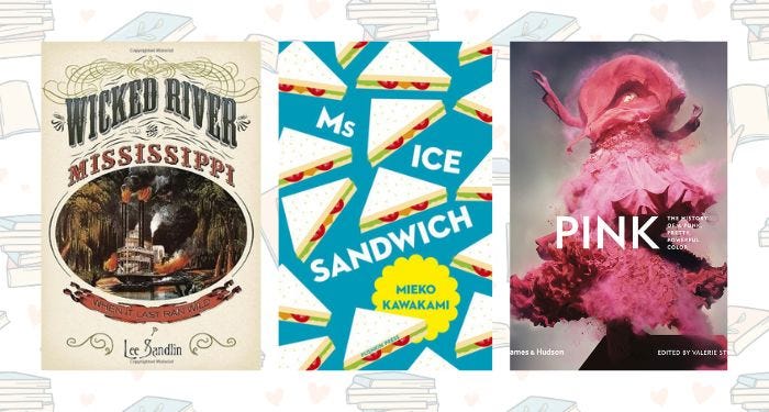 book cover collage of three titles listed in the observations below--wicked river, ms ice sandwich, and pink.