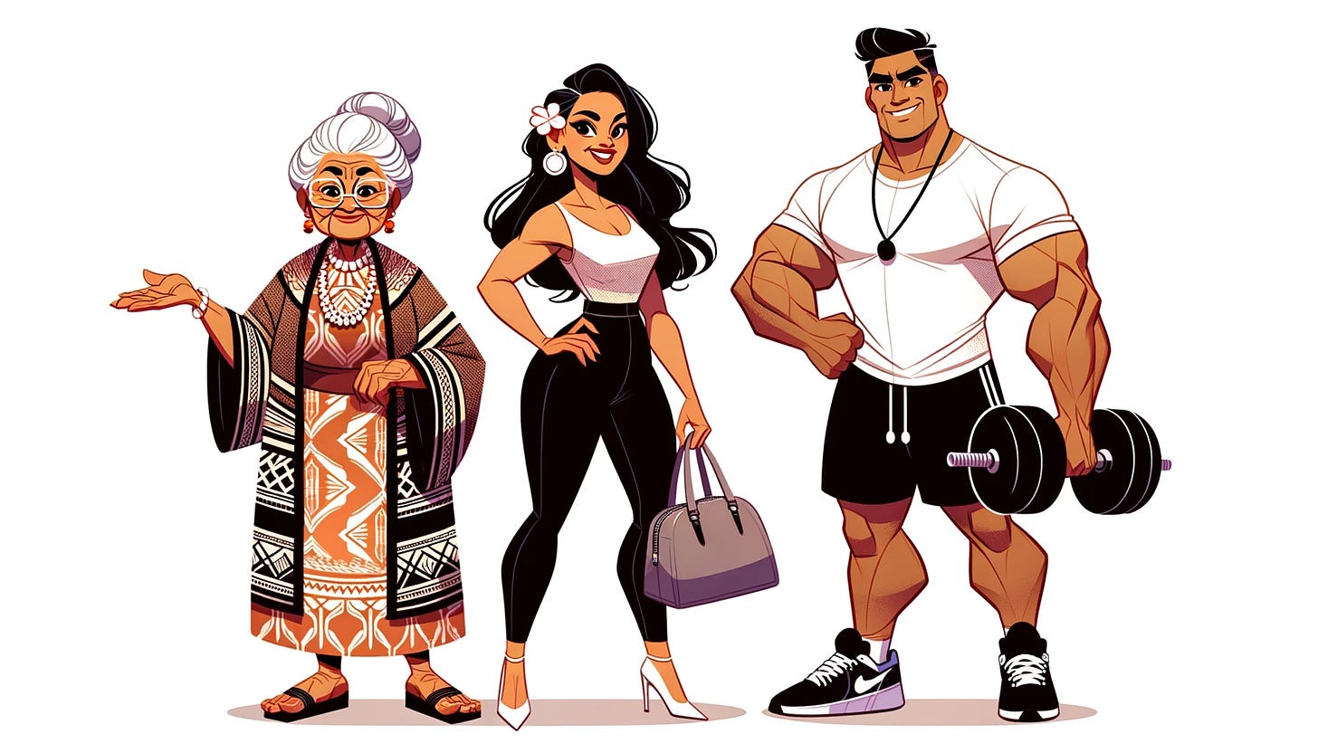 DALLE3: Stylized cartoon of a contemporary Polynesian family. The grandma on the left wears a modern outfit with Polynesian patterns, exuding warmth. The older sister in the middle dons a chic top and pants, holding a fashionable handbag. To the right, the muscular father, a weight-lifting enthusiast, sports a casual shirt and shorts, showing off his strength with a proud stance.