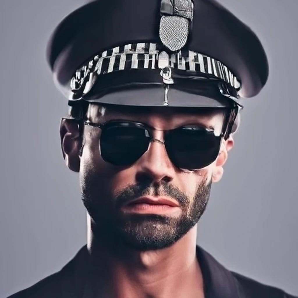male stripper wearing police uniform sunglasses
