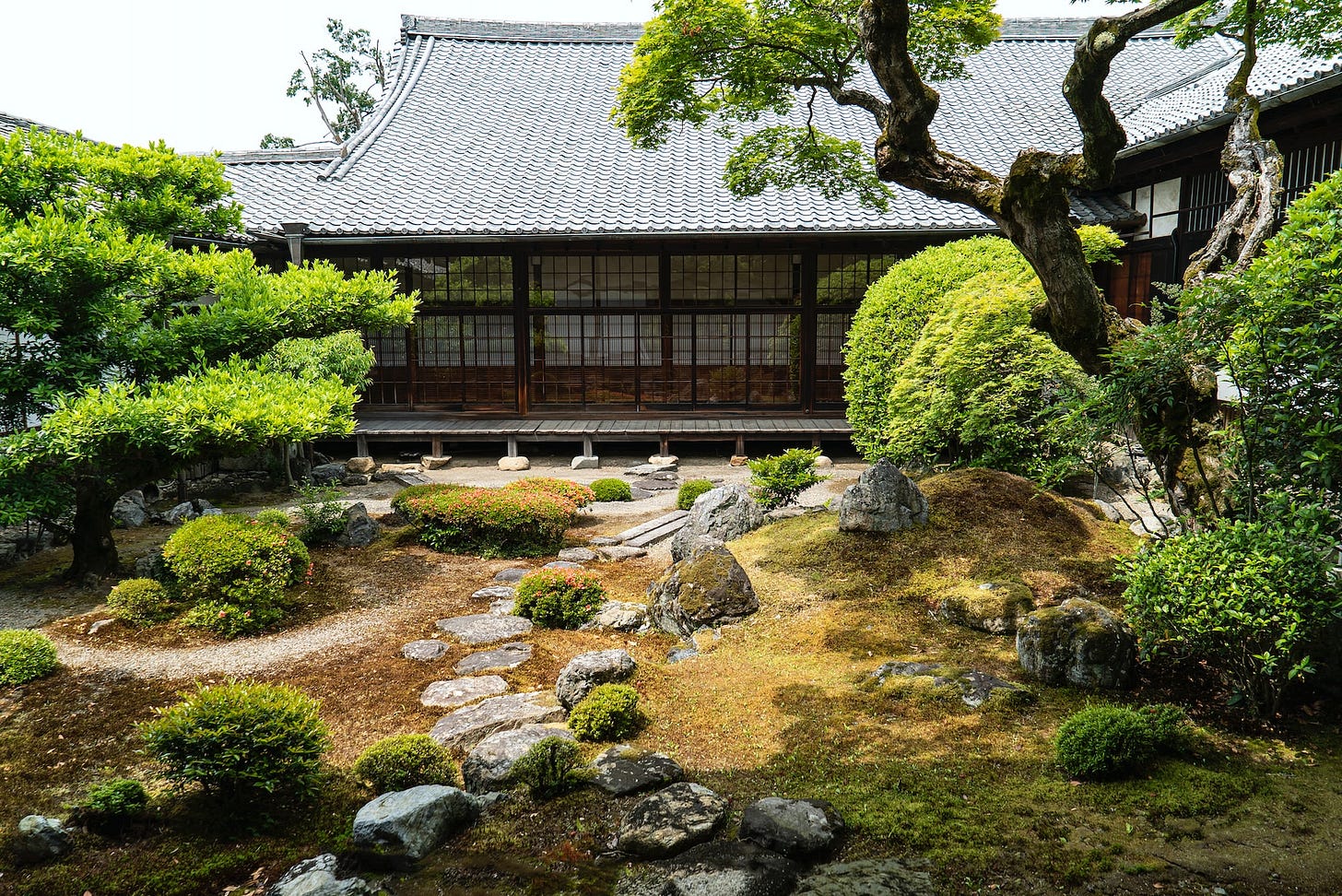 Japanese Zen garden behind a Japanese-style home