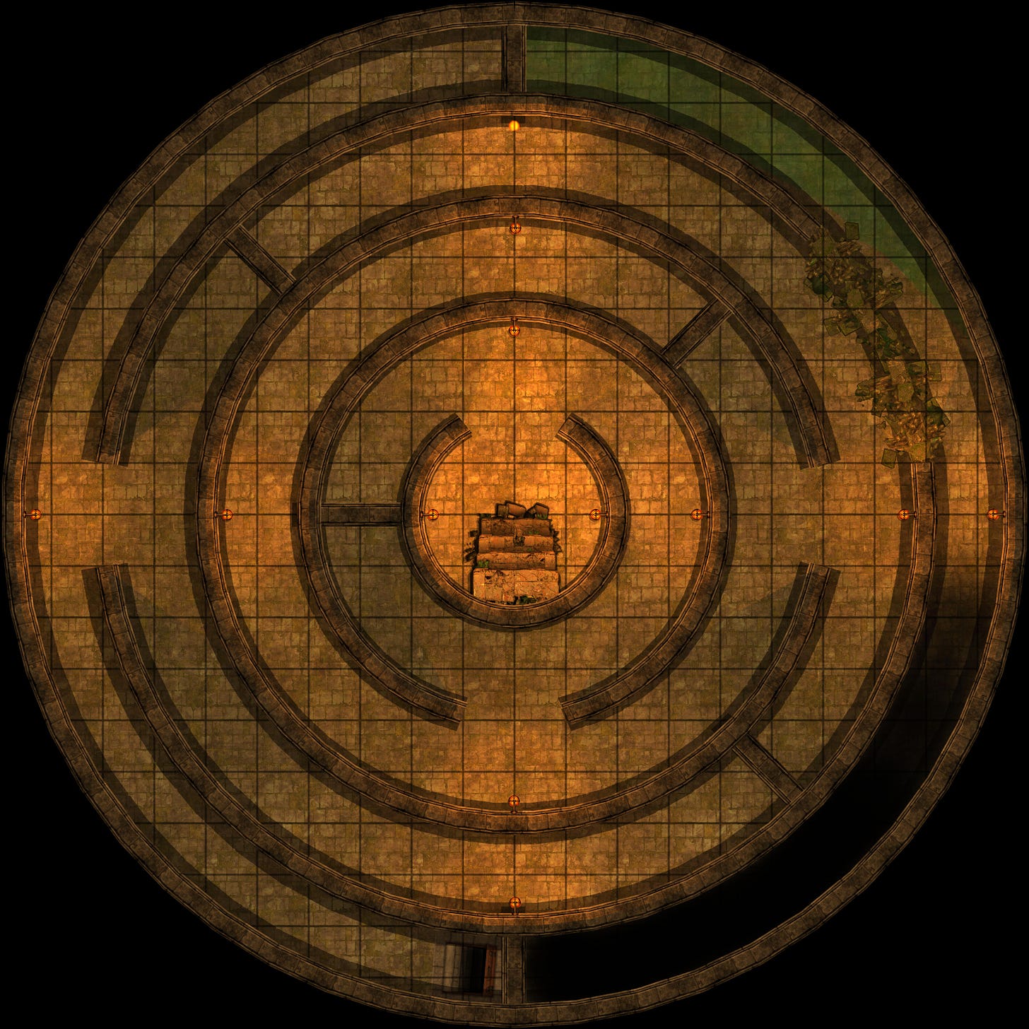 A circular shaped dungeon with a labyrinth walkway to the center stairway. Gridded map.