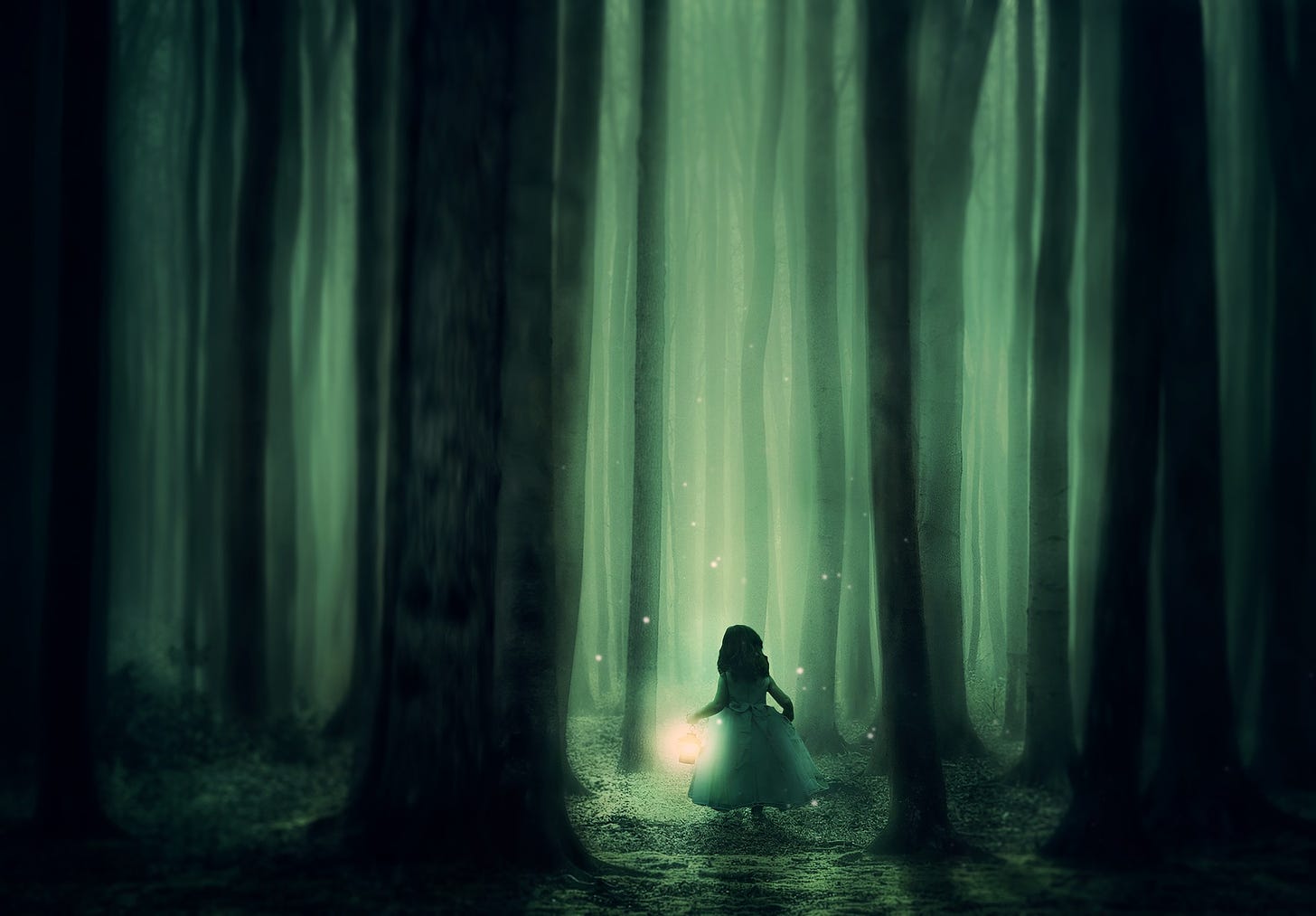 Forest lit by green otherworldly light and silhouette of girl walking towards the sparkles ahead.