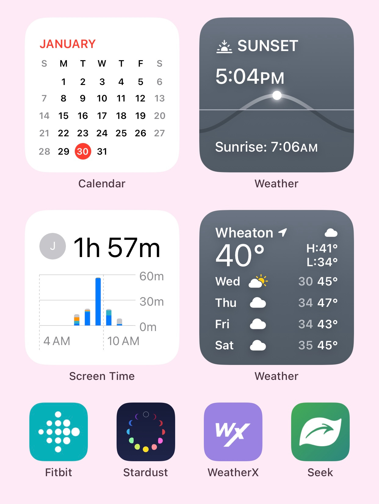 A screen capture of my iphone home screen. The background is light pink and the screen shows the widgets and apps described in the newsletter text below.