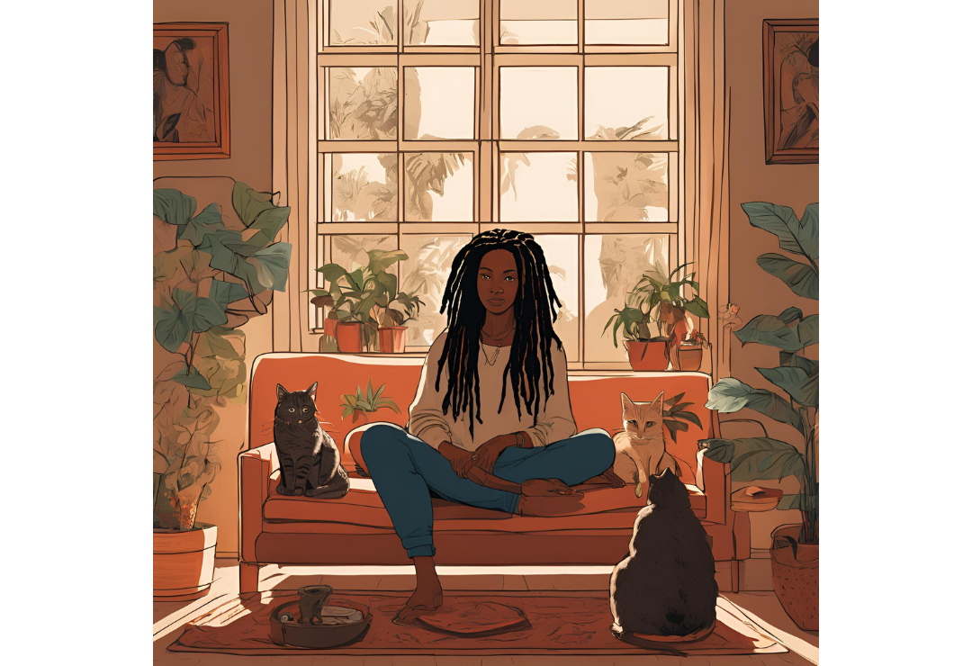 black woman with dreadlocks sits in a sunlit living room surrounded by 3 cats