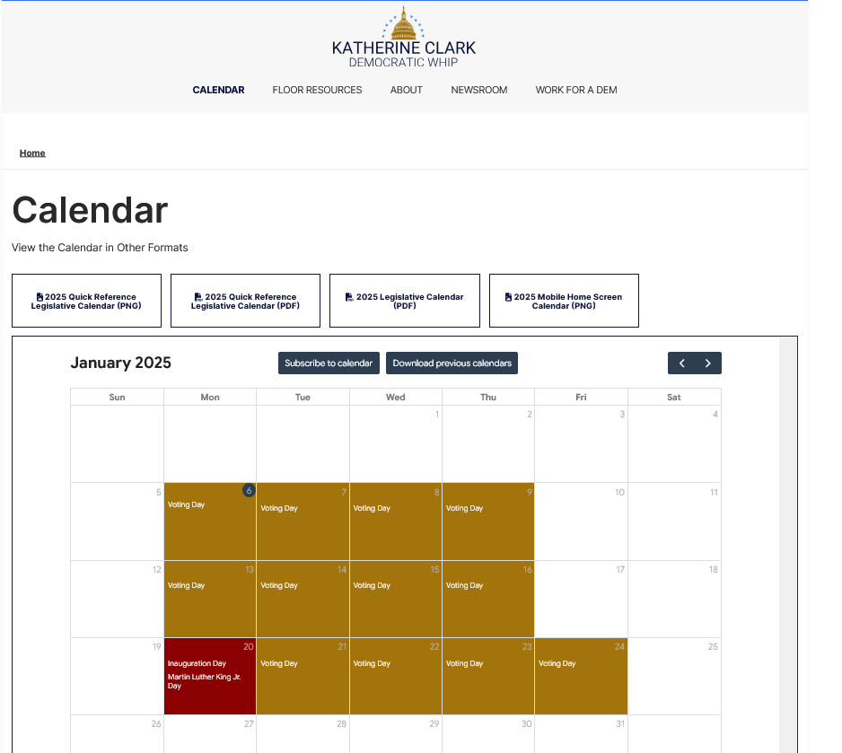 A screenshot of Minority Whip Clark's website showing where you can download the calendar.