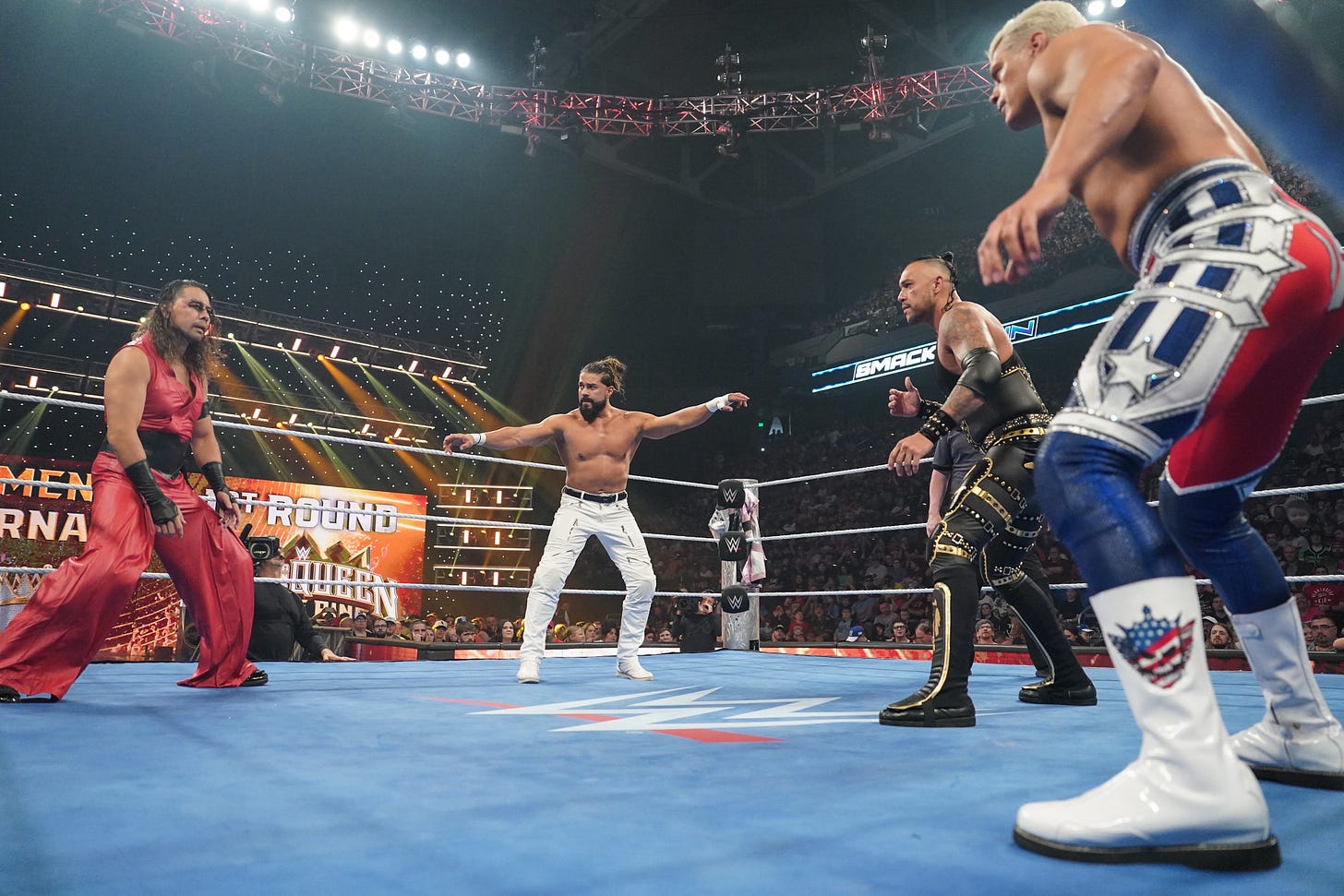 Shinsuke Nakamura, Andrade, Damian Priest and Cody Rhodes during a King of the RIng first round match on SmackDown