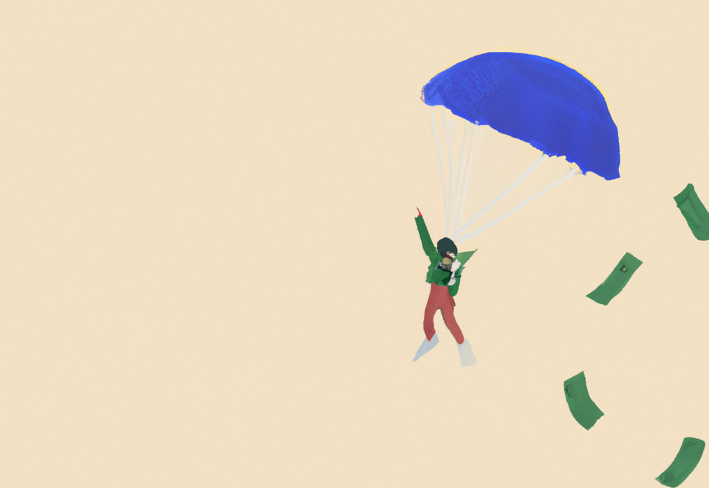 A small person with a blue parachute and some money flying in the air. 