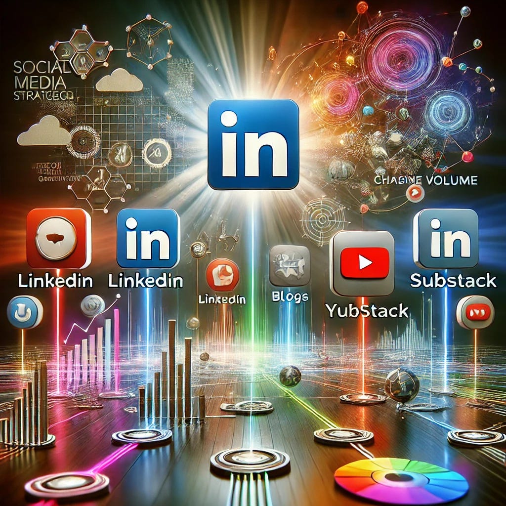 A visually engaging and dynamic illustration representing social media strategy for 2025. The image features a modern depiction of LinkedIn, Substack, and YouTube logos prominently displayed on a sleek, minimalist interface. Around these platforms, colorful icons and symbols of content creation like videos, blogs, and analytics graphs are connected by fluid, vibrant lines. The focus is on targeted engagement and tailored content, highlighting the strategic approach to selecting key platforms rather than chasing volume. The background includes subtle representations of connectivity and audience engagement with abstract, glowing lines and nodes.