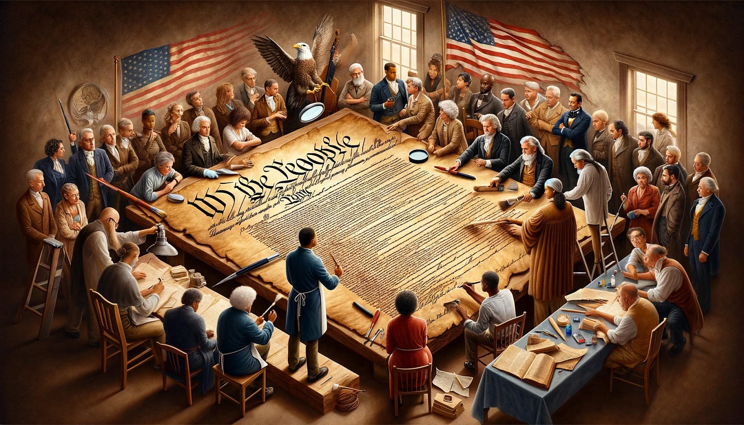 A thought-provoking image titled 'The US Constitution: Restore or Replace?'. The scene depicts a weathered parchment of the U.S. Constitution in the center, with elements of restoration and replacement around it. On one side, skilled restorers are carefully working on preserving the document, using tools like brushes and magnifying glasses. On the other side, a group of diverse modern thinkers, including men and women of various descents, are brainstorming and drafting a new document, symbolizing the idea of replacement. The background shows a blend of historical and contemporary American symbols, reflecting the ongoing debate.