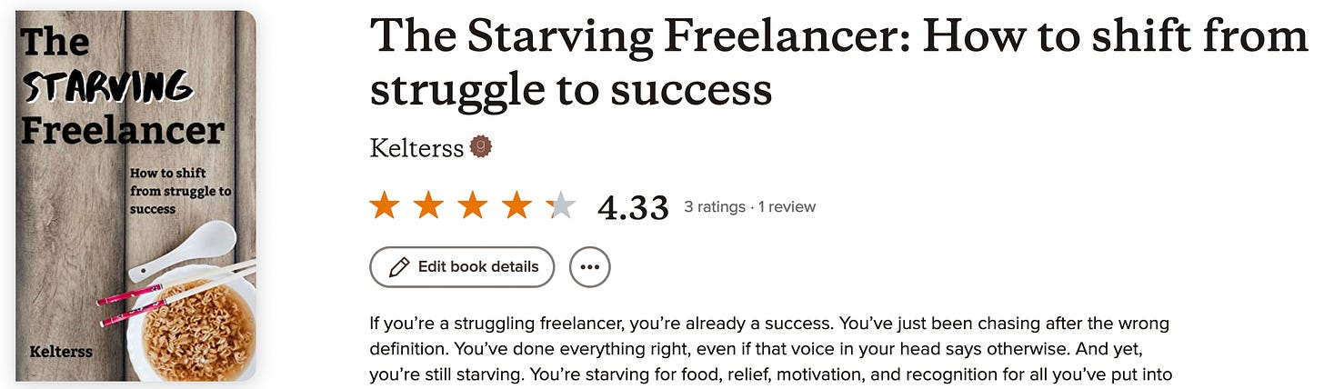 The Starving Freelancer's Goodreads page with 3 ratings and 1 review (4.33 stars average).